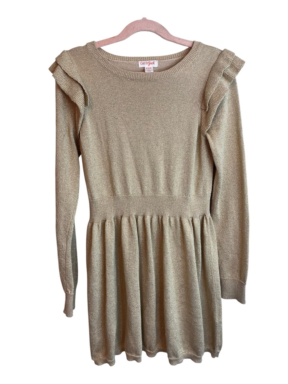 Cat & Jack Girls Gold Metallic Sweater Dress Ruffle Shoulder Long Sleeve Size M